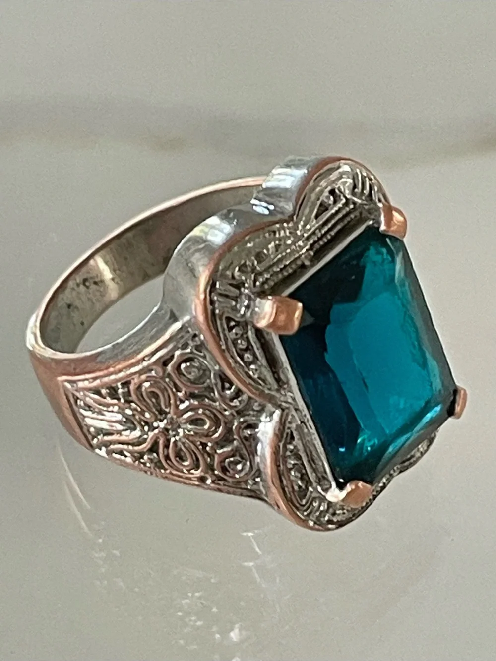Vintage Ornate Aquamarine Silver Scrollwork Statement Ring